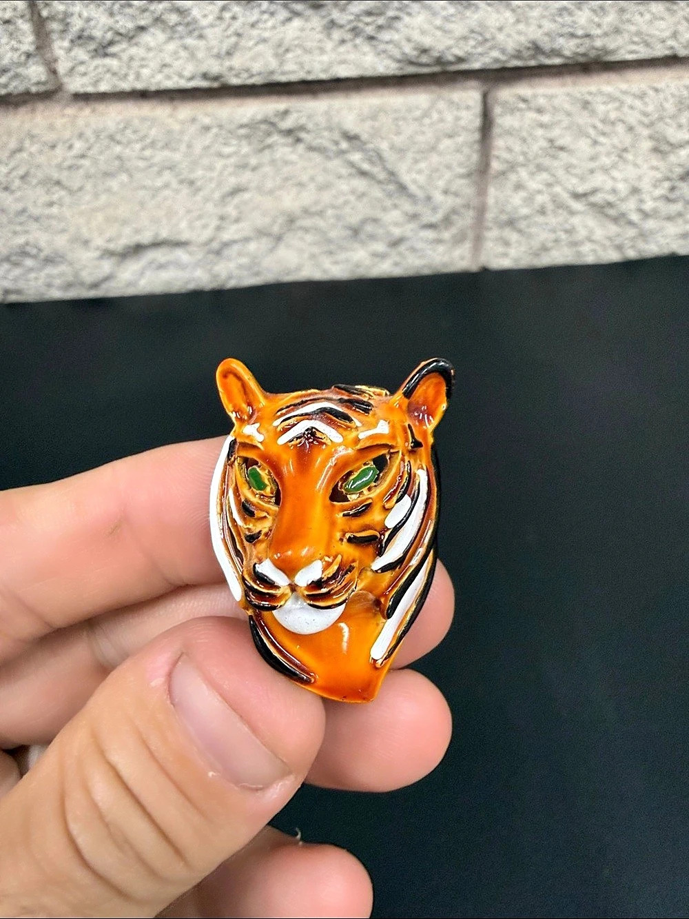 Tiger Head Enamel Brooch in Orange & Black